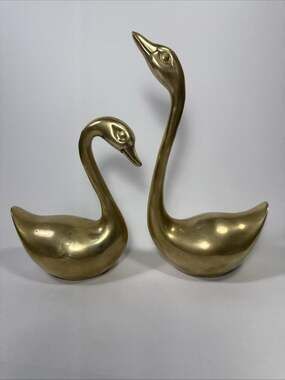 Vtg MCM 9” & 6.25”Brass Swan Set 2 Figurine Statue Elegant Brass Swan Decor E1